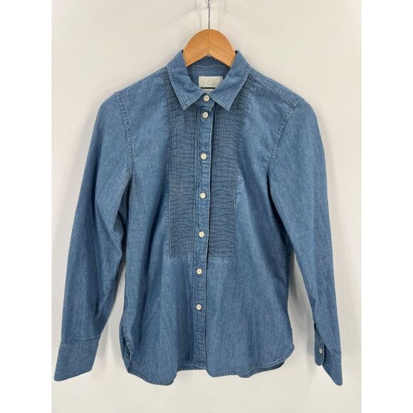 J. Crew Women Size 4 Blue Slim-Fit Tuxedo Shirt in Chambray - Picture 1 of 11